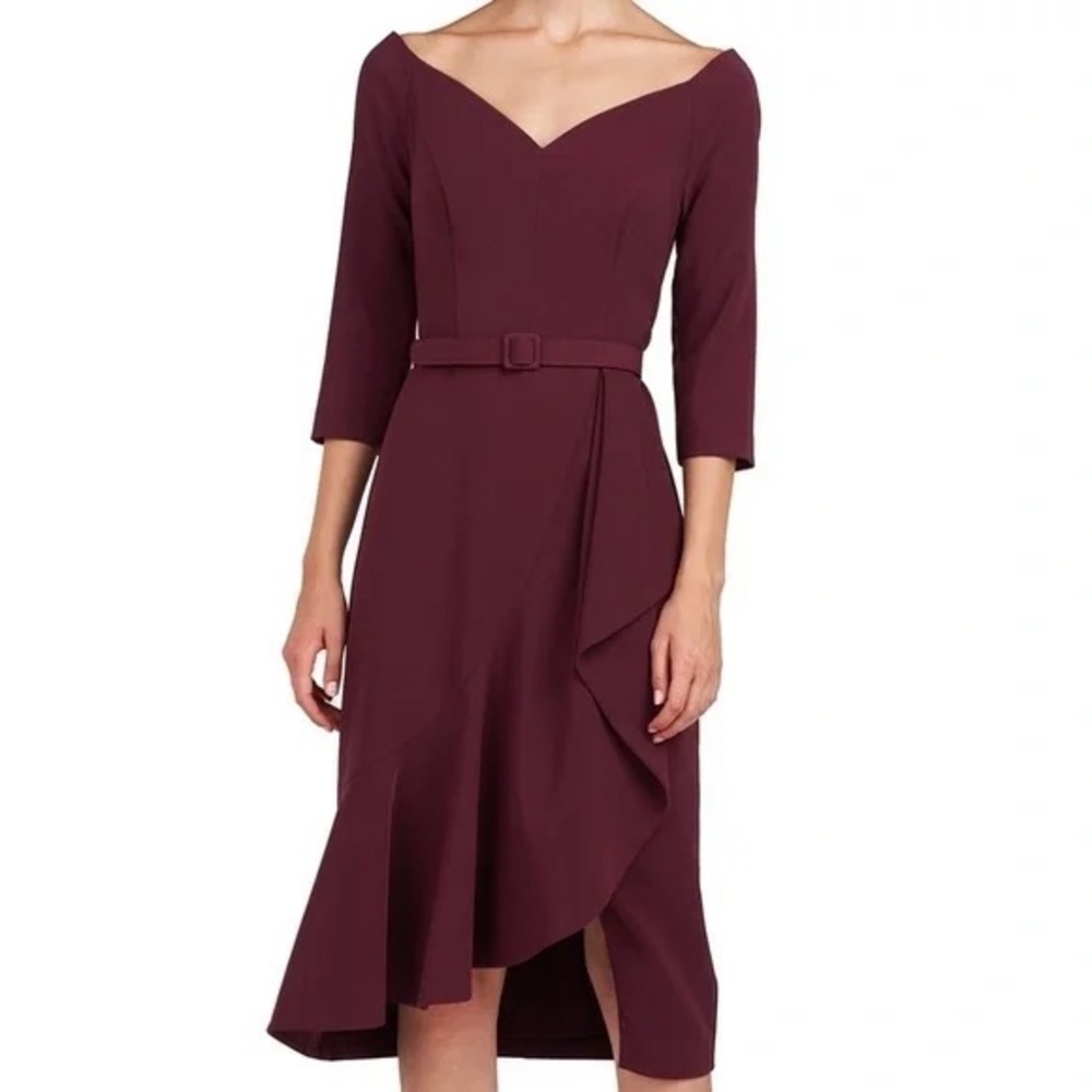 Kay Unger Burgundy Midi Dress with Ruffle Accent